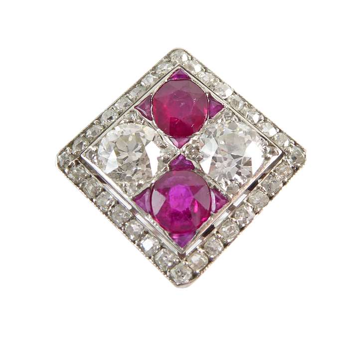 Early 20th century diamond and ruby square cluster ring, c.1910, the oblique cluster with two principal diamonds and two rubies,